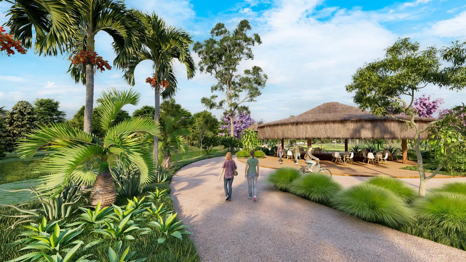 Sendero del ecoparque lineal con kioscos y vegetación